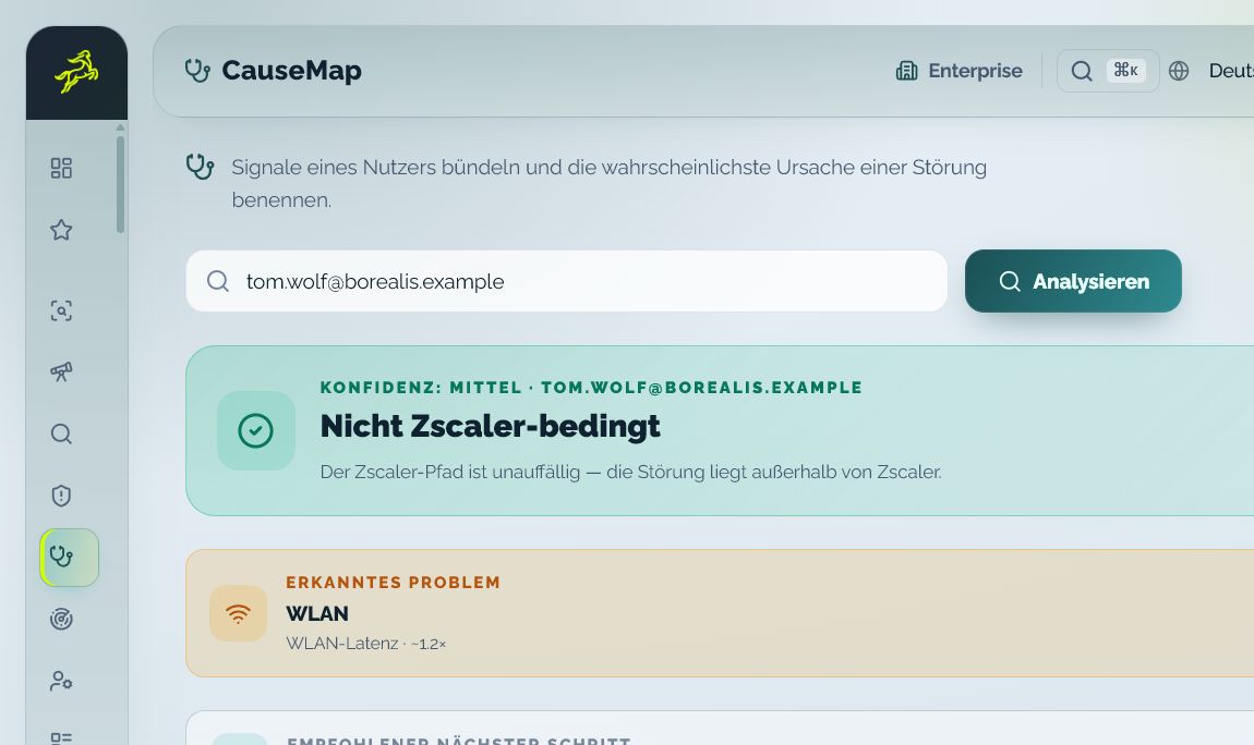 Connectivity Triage Map zeigt Ursache, Konfidenz und den empfohlenen nächsten Schritt