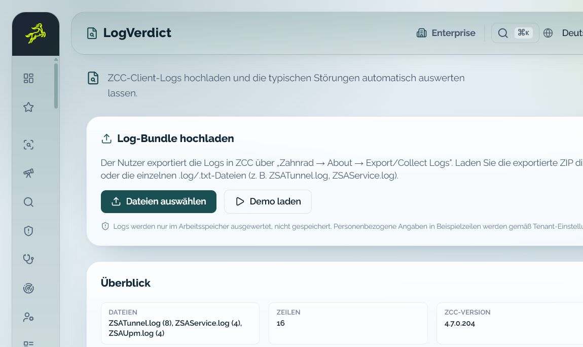 Log Analyzer zeigt Befunde und Empfehlungen aus ZCC-Client-Logs